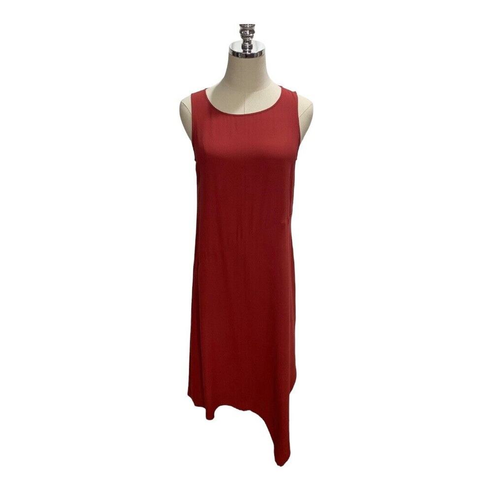 EILEEN FISHER Asymmetrical Hem Silk‎ Georgette Fluid Dress Women Sz XS Red Rust